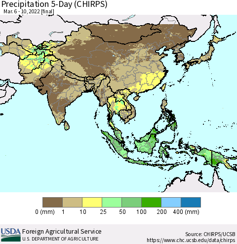 Asia Precipitation 5-Day (CHIRPS) Thematic Map For 3/6/2022 - 3/10/2022