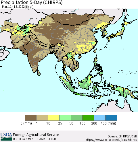 Asia Precipitation 5-Day (CHIRPS) Thematic Map For 3/11/2022 - 3/15/2022