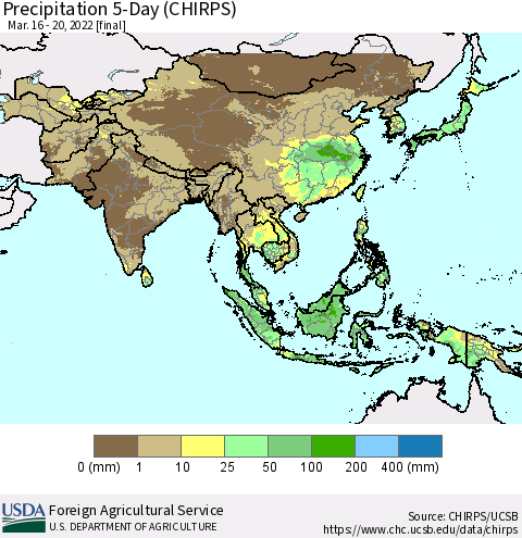 Asia Precipitation 5-Day (CHIRPS) Thematic Map For 3/16/2022 - 3/20/2022