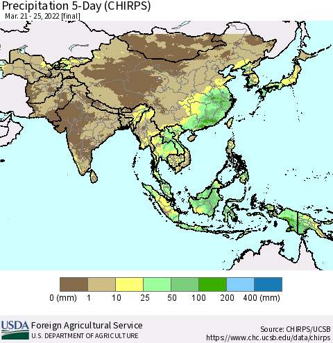 Asia Precipitation 5-Day (CHIRPS) Thematic Map For 3/21/2022 - 3/25/2022