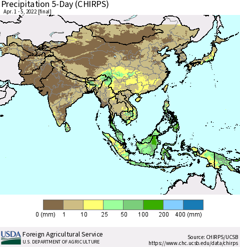 Asia Precipitation 5-Day (CHIRPS) Thematic Map For 4/1/2022 - 4/5/2022