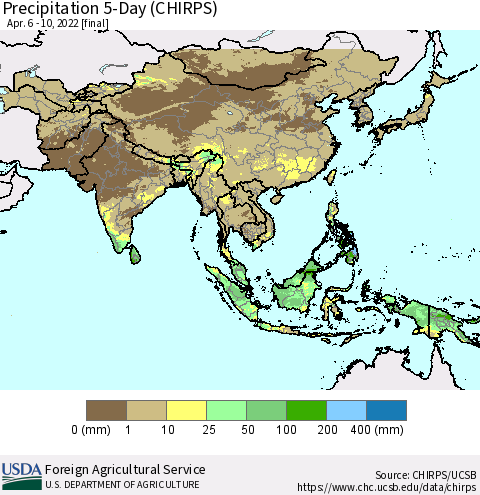 Asia Precipitation 5-Day (CHIRPS) Thematic Map For 4/6/2022 - 4/10/2022
