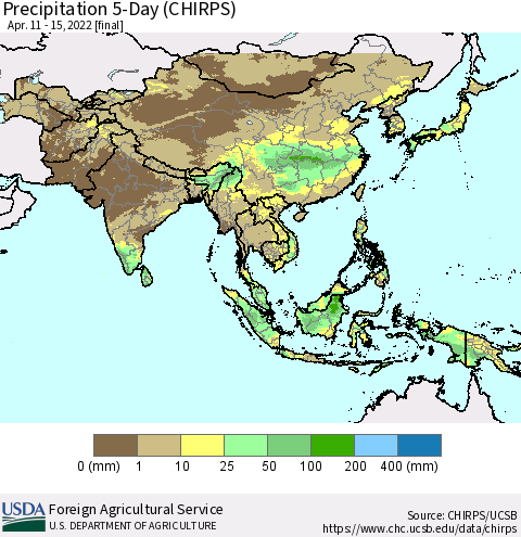 Asia Precipitation 5-Day (CHIRPS) Thematic Map For 4/11/2022 - 4/15/2022