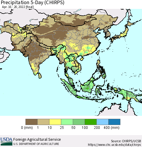 Asia Precipitation 5-Day (CHIRPS) Thematic Map For 4/16/2022 - 4/20/2022