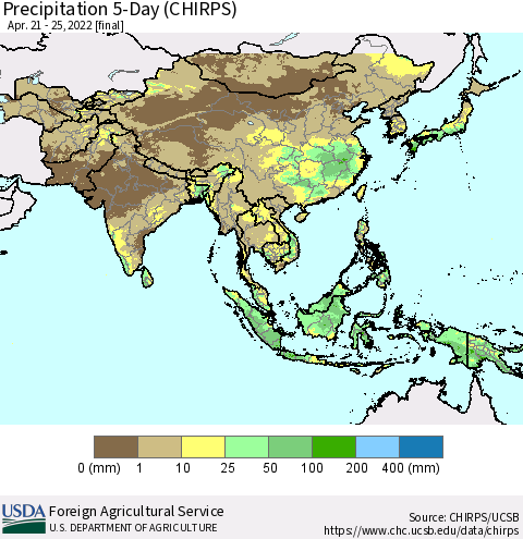 Asia Precipitation 5-Day (CHIRPS) Thematic Map For 4/21/2022 - 4/25/2022