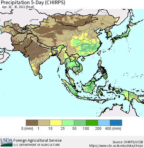 Asia Precipitation 5-Day (CHIRPS) Thematic Map For 4/26/2022 - 4/30/2022