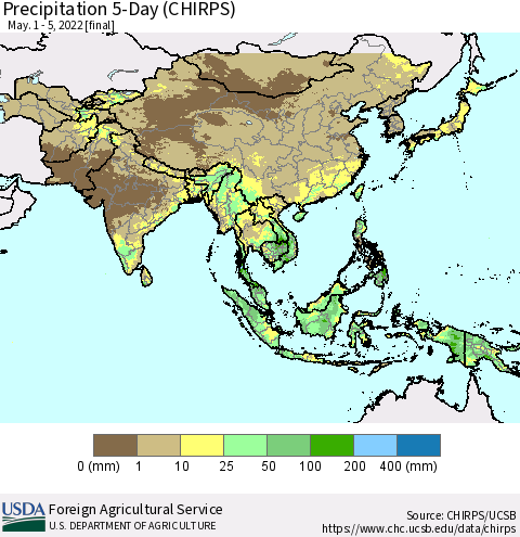 Asia Precipitation 5-Day (CHIRPS) Thematic Map For 5/1/2022 - 5/5/2022