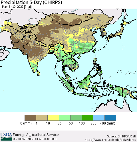 Asia Precipitation 5-Day (CHIRPS) Thematic Map For 5/6/2022 - 5/10/2022