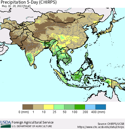 Asia Precipitation 5-Day (CHIRPS) Thematic Map For 5/16/2022 - 5/20/2022