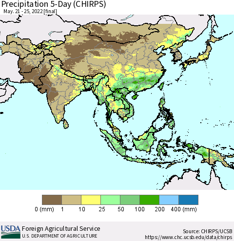 Asia Precipitation 5-Day (CHIRPS) Thematic Map For 5/21/2022 - 5/25/2022