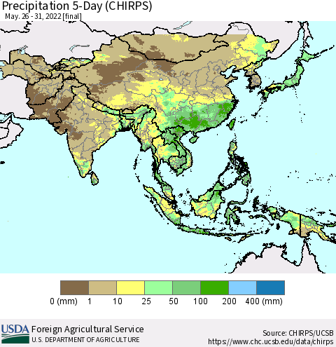 Asia Precipitation 5-Day (CHIRPS) Thematic Map For 5/26/2022 - 5/31/2022
