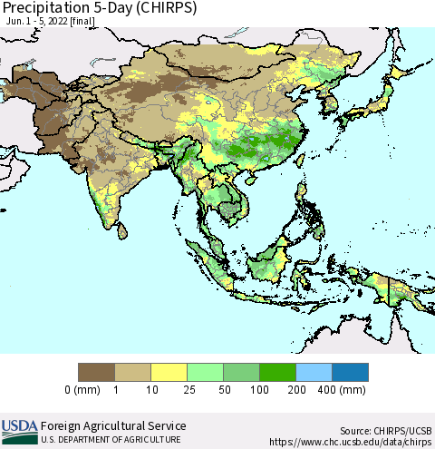 Asia Precipitation 5-Day (CHIRPS) Thematic Map For 6/1/2022 - 6/5/2022