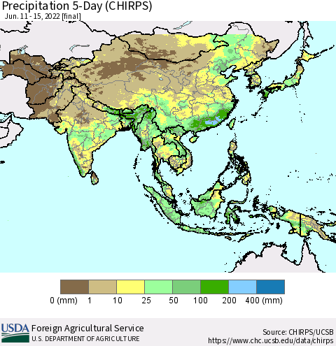 Asia Precipitation 5-Day (CHIRPS) Thematic Map For 6/11/2022 - 6/15/2022