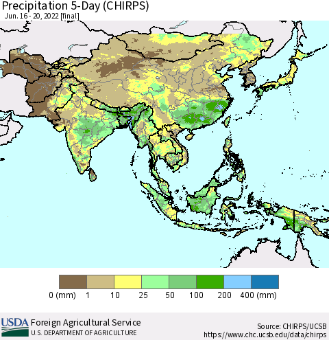 Asia Precipitation 5-Day (CHIRPS) Thematic Map For 6/16/2022 - 6/20/2022