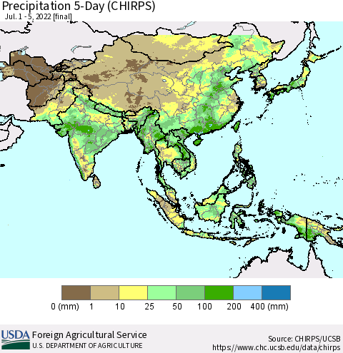 Asia Precipitation 5-Day (CHIRPS) Thematic Map For 7/1/2022 - 7/5/2022