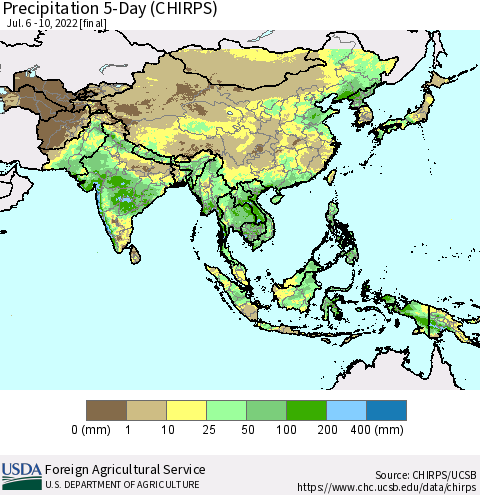 Asia Precipitation 5-Day (CHIRPS) Thematic Map For 7/6/2022 - 7/10/2022