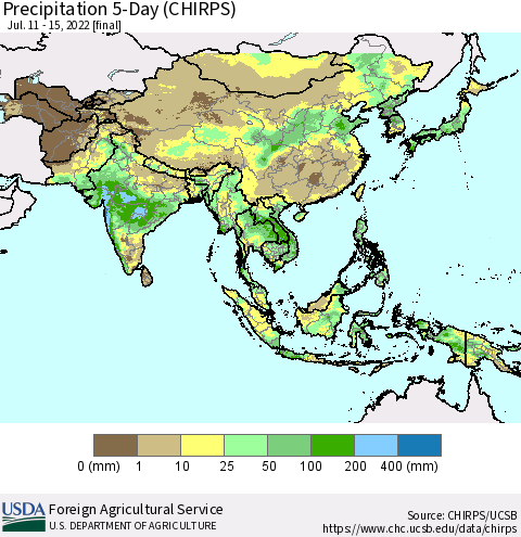 Asia Precipitation 5-Day (CHIRPS) Thematic Map For 7/11/2022 - 7/15/2022