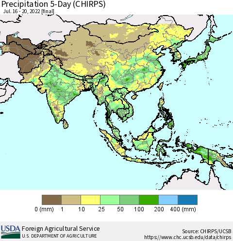 Asia Precipitation 5-Day (CHIRPS) Thematic Map For 7/16/2022 - 7/20/2022