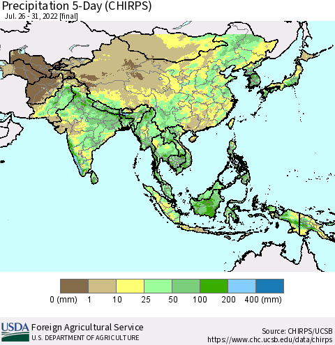 Asia Precipitation 5-Day (CHIRPS) Thematic Map For 7/26/2022 - 7/31/2022