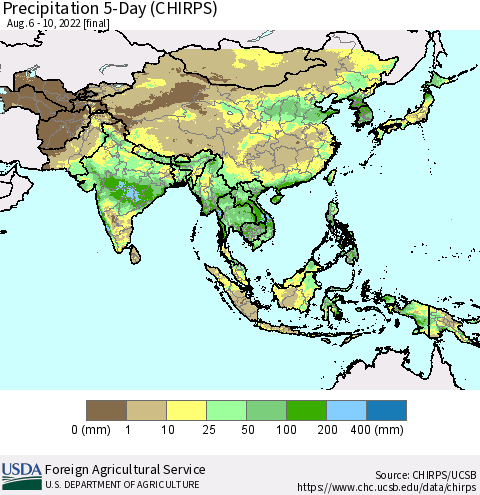 Asia Precipitation 5-Day (CHIRPS) Thematic Map For 8/6/2022 - 8/10/2022