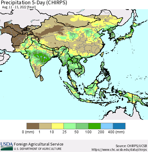 Asia Precipitation 5-Day (CHIRPS) Thematic Map For 8/11/2022 - 8/15/2022