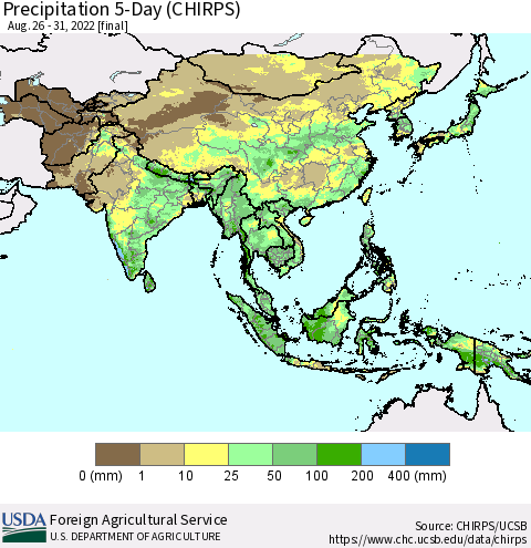 Asia Precipitation 5-Day (CHIRPS) Thematic Map For 8/26/2022 - 8/31/2022
