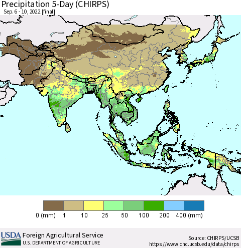Asia Precipitation 5-Day (CHIRPS) Thematic Map For 9/6/2022 - 9/10/2022