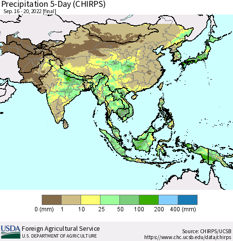 Asia Precipitation 5-Day (CHIRPS) Thematic Map For 9/16/2022 - 9/20/2022