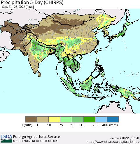 Asia Precipitation 5-Day (CHIRPS) Thematic Map For 9/21/2022 - 9/25/2022