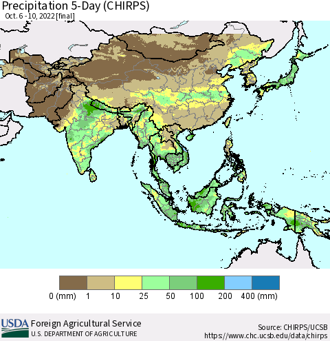 Asia Precipitation 5-Day (CHIRPS) Thematic Map For 10/6/2022 - 10/10/2022