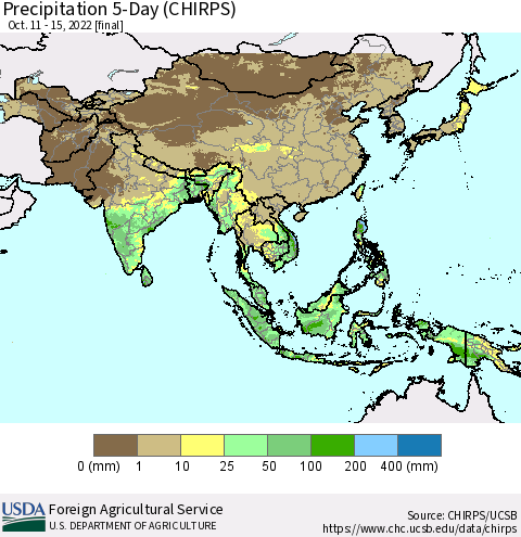 Asia Precipitation 5-Day (CHIRPS) Thematic Map For 10/11/2022 - 10/15/2022