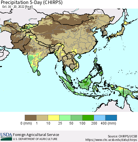 Asia Precipitation 5-Day (CHIRPS) Thematic Map For 10/16/2022 - 10/20/2022