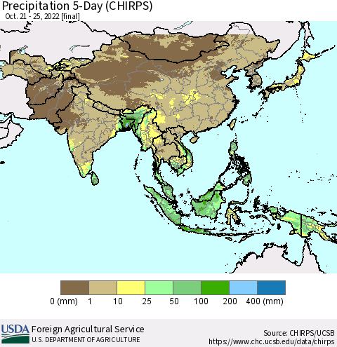 Asia Precipitation 5-Day (CHIRPS) Thematic Map For 10/21/2022 - 10/25/2022