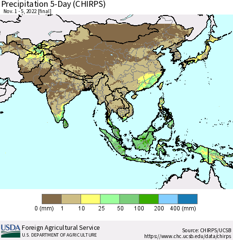 Asia Precipitation 5-Day (CHIRPS) Thematic Map For 11/1/2022 - 11/5/2022