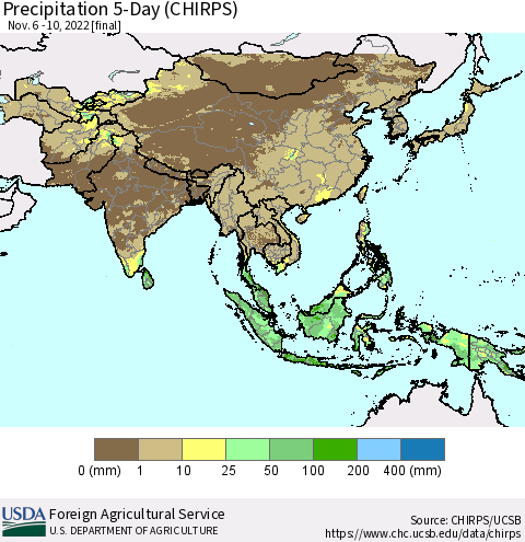 Asia Precipitation 5-Day (CHIRPS) Thematic Map For 11/6/2022 - 11/10/2022