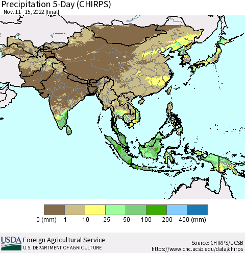Asia Precipitation 5-Day (CHIRPS) Thematic Map For 11/11/2022 - 11/15/2022