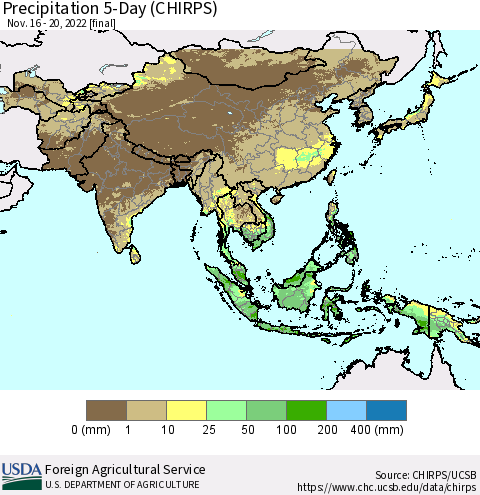Asia Precipitation 5-Day (CHIRPS) Thematic Map For 11/16/2022 - 11/20/2022