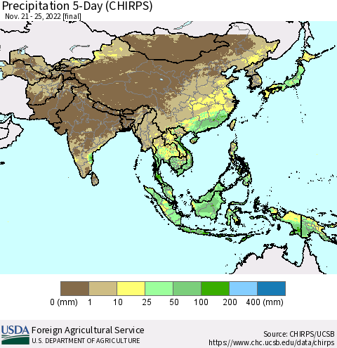 Asia Precipitation 5-Day (CHIRPS) Thematic Map For 11/21/2022 - 11/25/2022