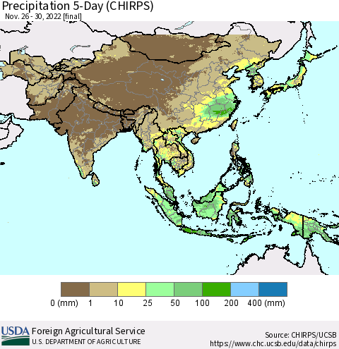Asia Precipitation 5-Day (CHIRPS) Thematic Map For 11/26/2022 - 11/30/2022
