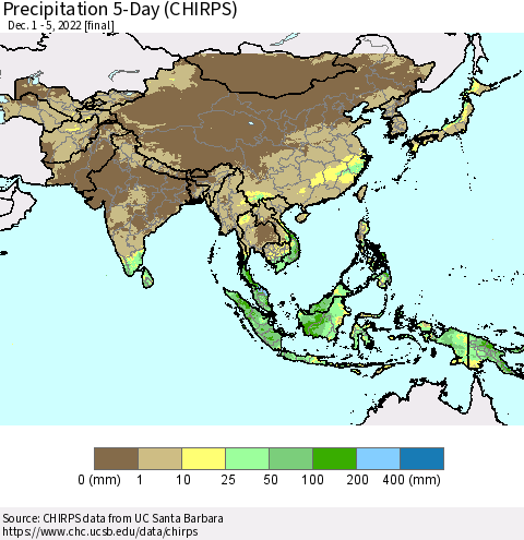 Asia Precipitation 5-Day (CHIRPS) Thematic Map For 12/1/2022 - 12/5/2022
