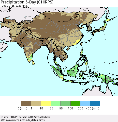 Asia Precipitation 5-Day (CHIRPS) Thematic Map For 12/11/2022 - 12/15/2022