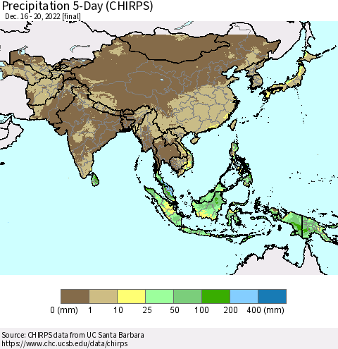 Asia Precipitation 5-Day (CHIRPS) Thematic Map For 12/16/2022 - 12/20/2022