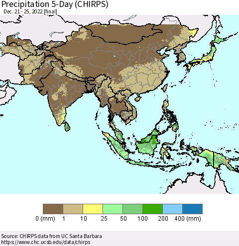 Asia Precipitation 5-Day (CHIRPS) Thematic Map For 12/21/2022 - 12/25/2022