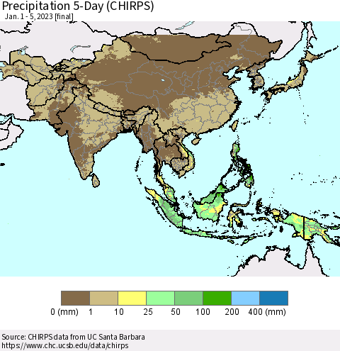 Asia Precipitation 5-Day (CHIRPS) Thematic Map For 1/1/2023 - 1/5/2023