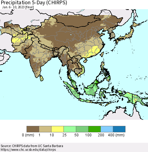 Asia Precipitation 5-Day (CHIRPS) Thematic Map For 1/6/2023 - 1/10/2023
