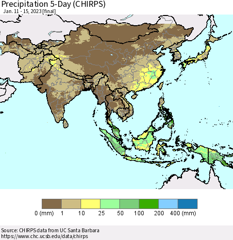 Asia Precipitation 5-Day (CHIRPS) Thematic Map For 1/11/2023 - 1/15/2023