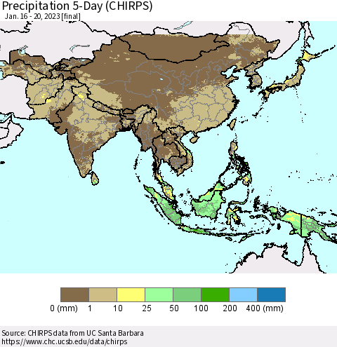 Asia Precipitation 5-Day (CHIRPS) Thematic Map For 1/16/2023 - 1/20/2023