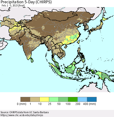 Asia Precipitation 5-Day (CHIRPS) Thematic Map For 2/1/2023 - 2/5/2023