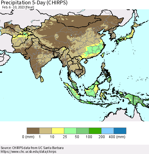 Asia Precipitation 5-Day (CHIRPS) Thematic Map For 2/6/2023 - 2/10/2023