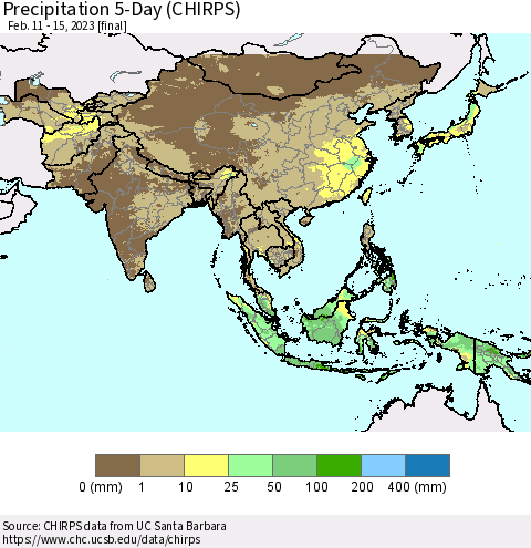 Asia Precipitation 5-Day (CHIRPS) Thematic Map For 2/11/2023 - 2/15/2023